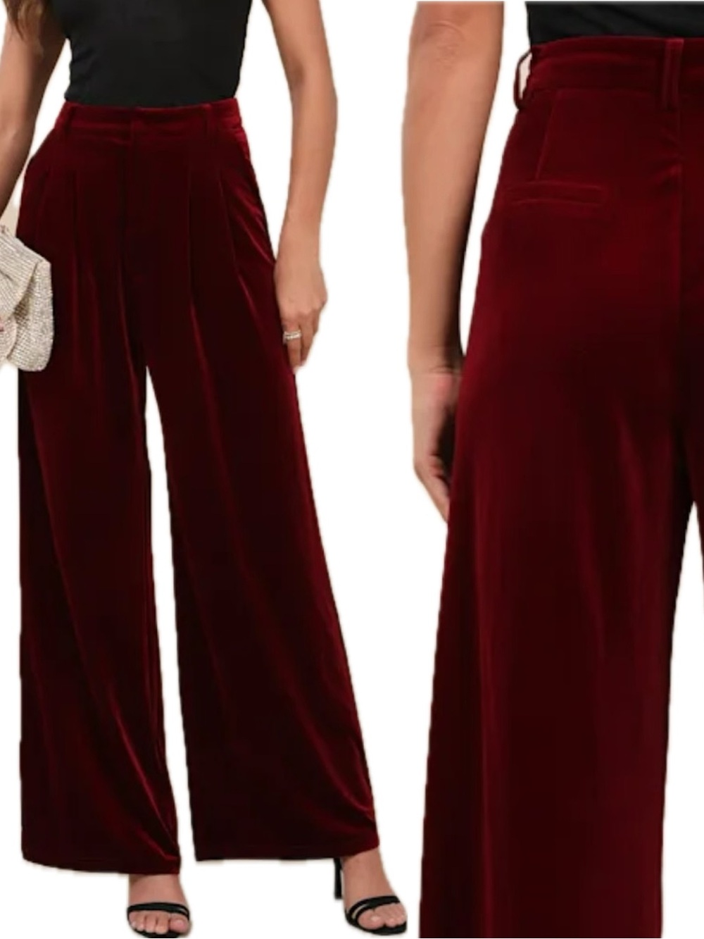 Lulus Burgundy Velvet Wide Leg Trouser Pants Size Large High Rise Plush Velour